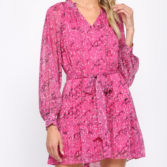 NWT Fate Animal Print With Lurex Chiffon Tie Waist Dress In Hot Pink - Picture 2 of 10